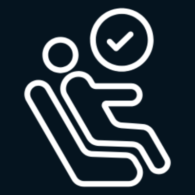 Icon of two people sitting, one checking a circular checklist.
