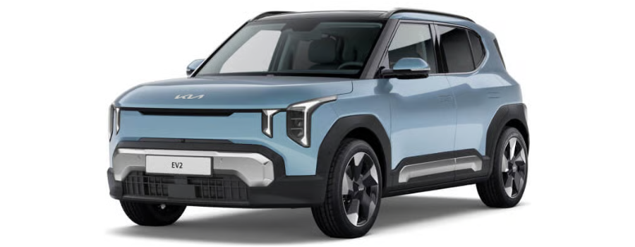 Compact blue SUV with EV2 number plate, front and side view.
