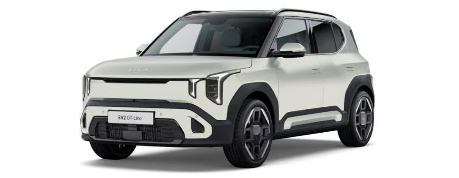 A white electric SUV with a modern design and black accents, labelled EV9 GT-Line.