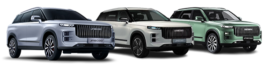 Three SUVs in silver, white, and green, viewed from the front angle.
