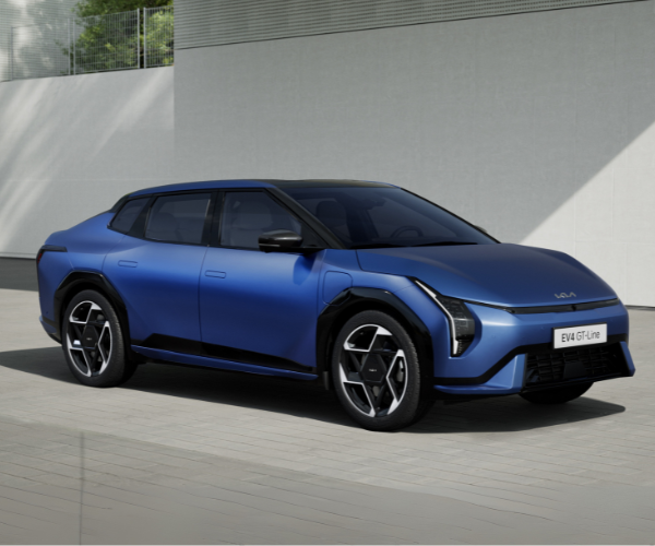 Blue electric SUV with sleek design and modern alloy wheels, labelled EV4 GT-Line.
