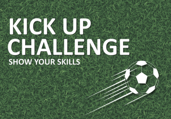 Text reading Kick Up Challenge: Show Your Skills with a motion graphic football.